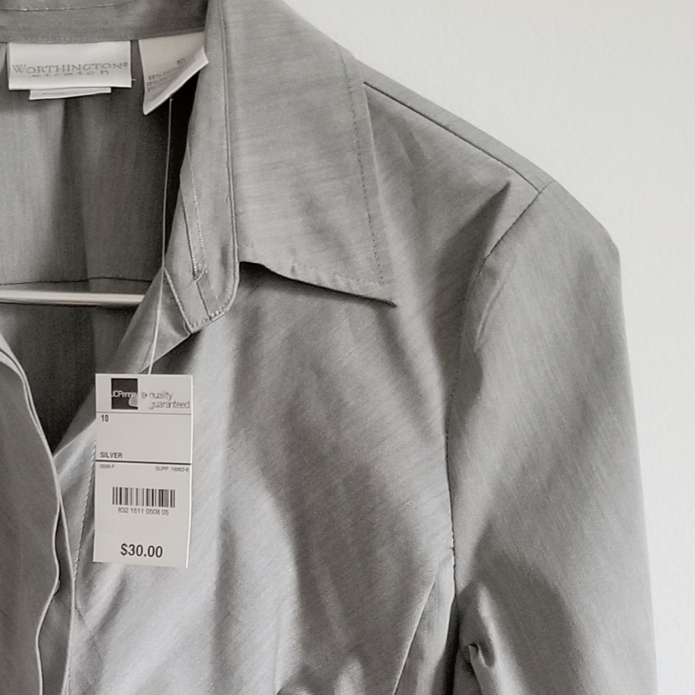 Worthington Silver Button Down Shirt Size 10 - Picture 3 of 7